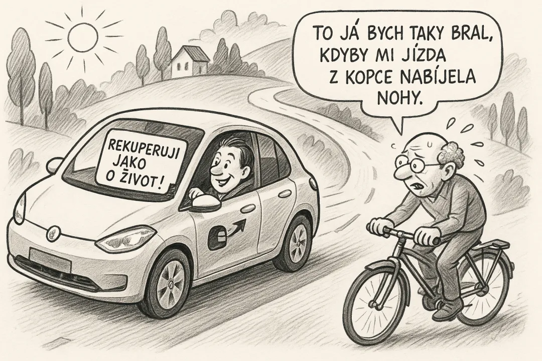 Rekuperace je šikovná funkce elektroauta, díky které se při brzdění nebo jízdě z kopce část energie neztrácí, ale vrací zpět do baterie. Auto tedy vlastně "brzdí chytře" – místo aby jen pálilo energii na teplo, přemění pohyb zpět na elektřinu. Řidič tak dojede dál a často i bez šlápnutí na brzdu. A co víc – při delších sjezdech si může připadat, jako by mu palubní počítač s úsměvem říkal: „Z kopce zadarmo? Proč ne!“ Škoda jen, že cyklistům zatím žádná taková rekuperace do stehen nepomáhá. 😁