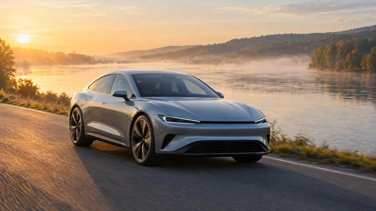 AI ilustrace: elektrický sportback na silnici u řeky za svítání