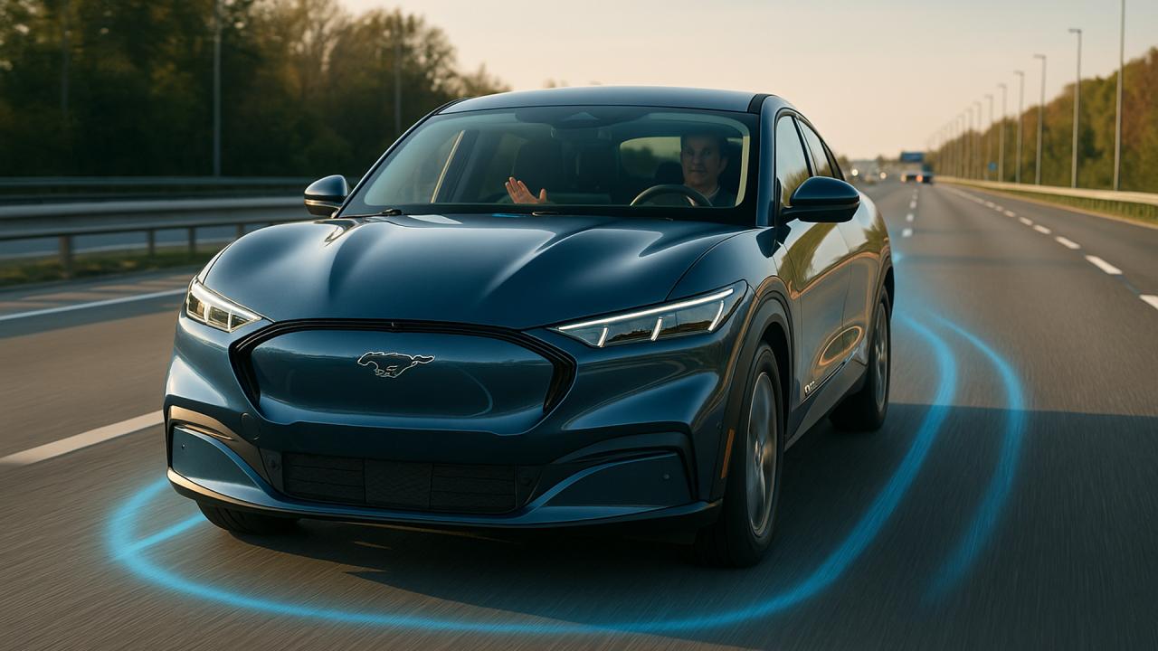 Ford Mustang Mach-E na dálnici s asistenčními systémy — ilustrační obrázek