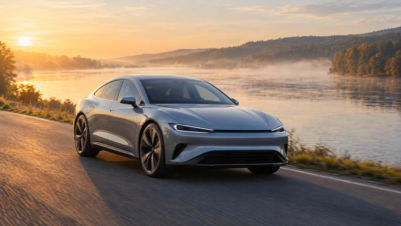AI ilustrace: elektrický sportback na silnici u řeky za svítání