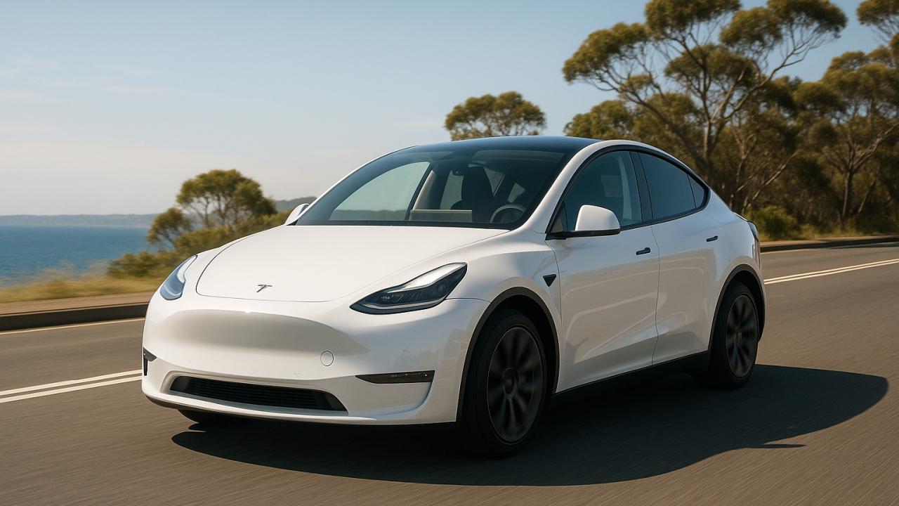 Tesla Model Y na australské pobřežní silnici — ilustrační obrázek