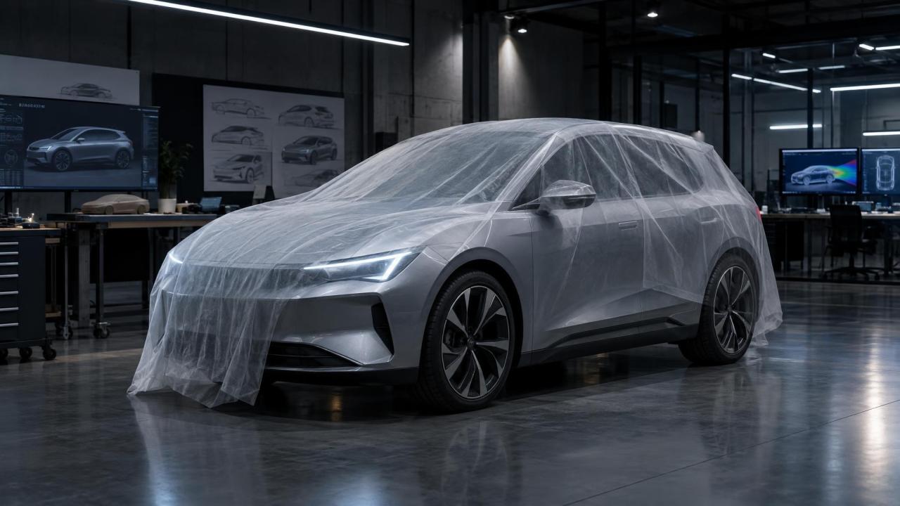 Elektrický hatchback v moderní tovární hale čekající na dokončení vývoje