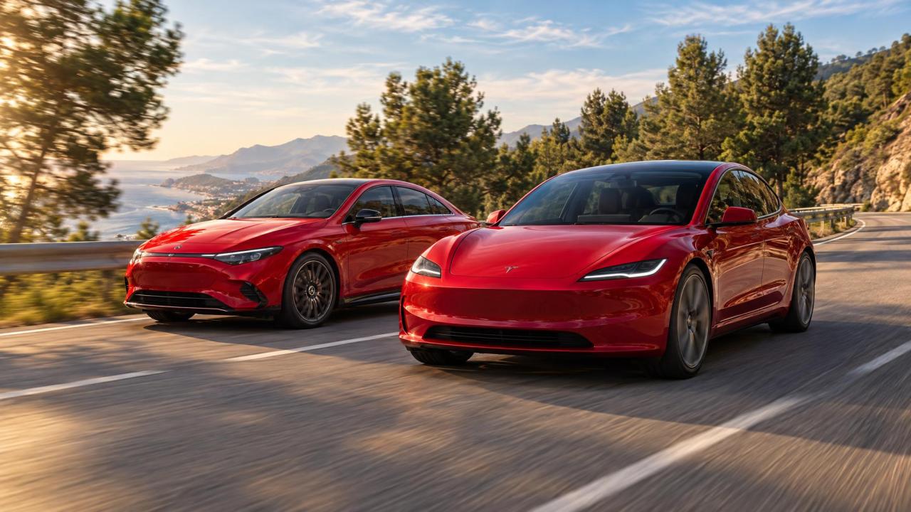 Mercedes-Benz CLA a Tesla Model 3 v červené barvě na horské silnici u moře