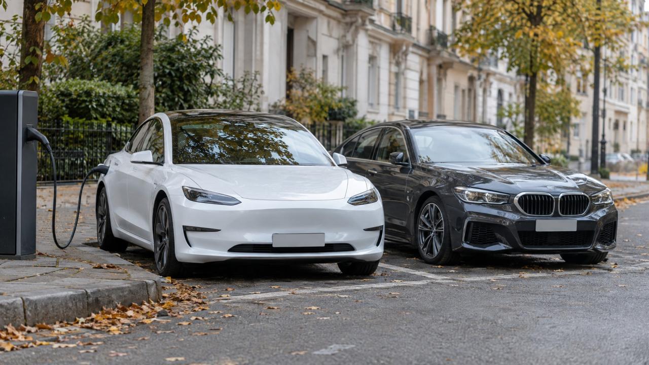 Bílý elektrický sedan u nabíječky vedle tmavého benzínového sedanu — ilustrační obrázek