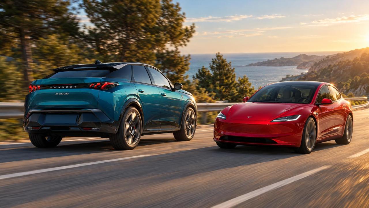 Peugeot E-3008 a Tesla Model 3 na pobřežní silnici při západu slunce