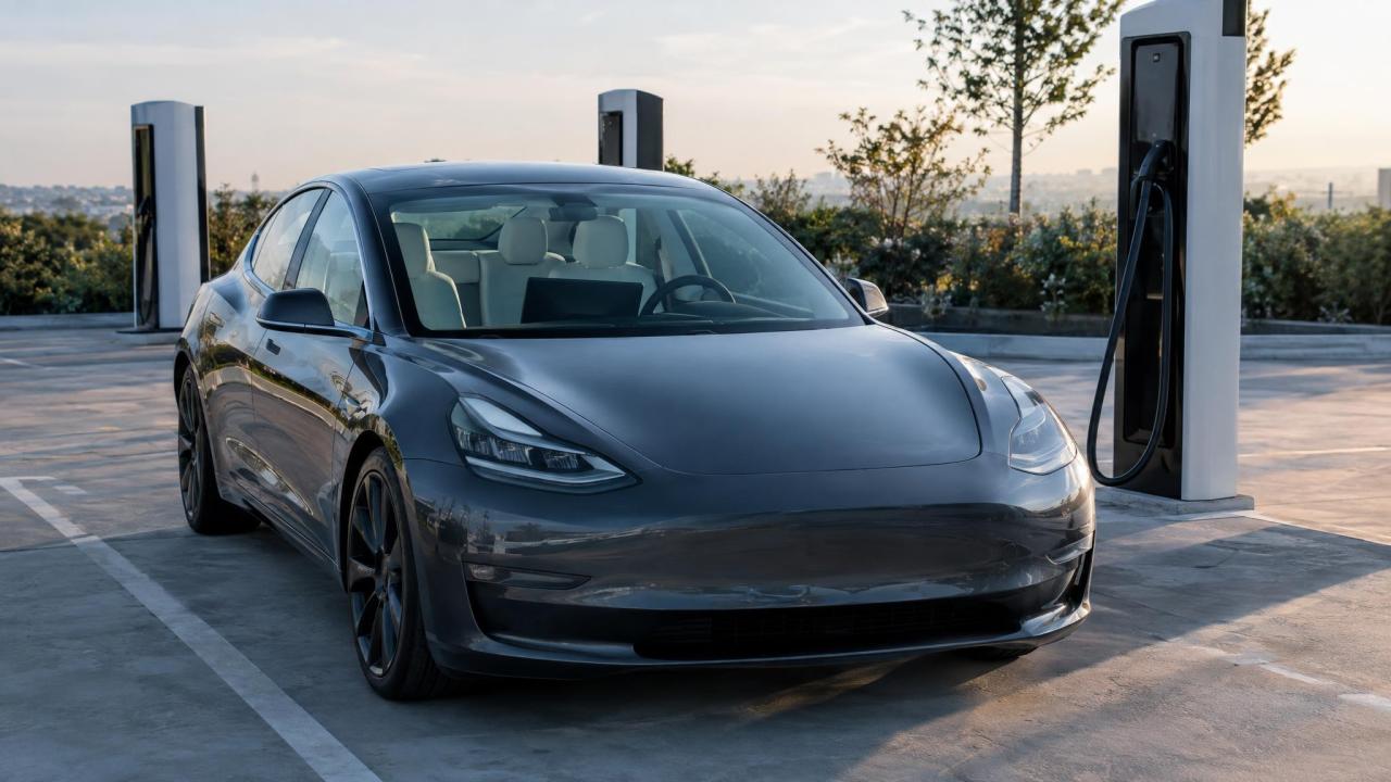 AI ilustrace: Elektromobil Tesla Model 3 zaparkovaný u nabíjecí stanice