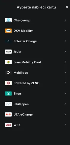 Nabíjecí karty v aplikaci Tesla