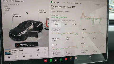 Tesla Model Y Premium AWD – údaje o aktuální jízdě a spotřebě