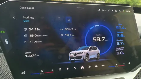 Palubní počítač: nedělní okruh 304,9 km, 19,0 kWh/100 km