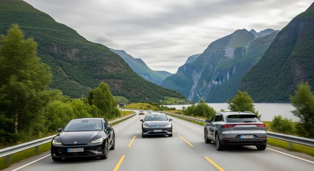 Elektromobily na norské silnici u fjordů, ilustrační foto