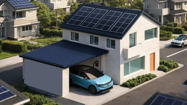 Elektromobil připojený u domu s fotovoltaikou; ilustrace tématu obousměrného nabíjení V2G