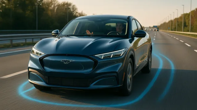 Ford Mustang Mach-E na dálnici s asistenčními systémy — ilustrační obrázek