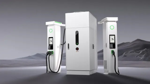 Vizualizace DC rychlonabíjecí stanice s centrálním výkonovým skřínem a dispenserem (kredit: Interesting Engineering)