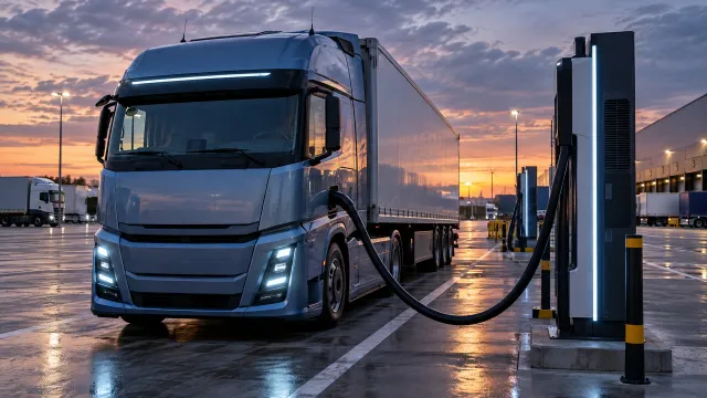 Elektrický kamion při vysokovýkonném nabíjení — ilustrační obrázek