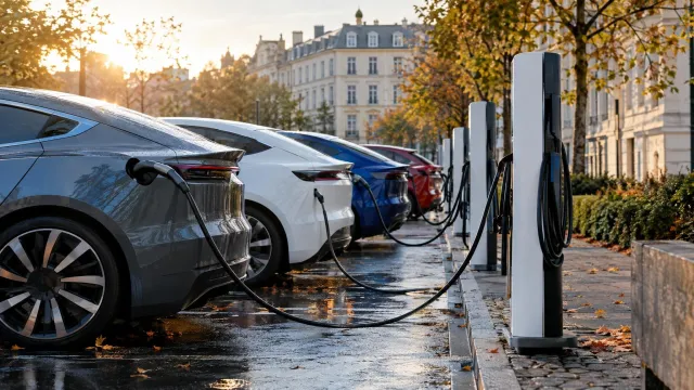 Nabíjecí hub s novými elektromobily v evropském městě