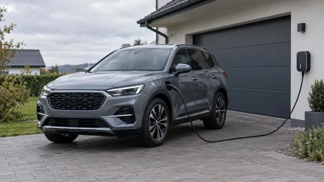 AI ilustrace: Plug-in hybridní SUV s kabelem k domácímu wallboxu na příjezdové cestě rodinného domu.