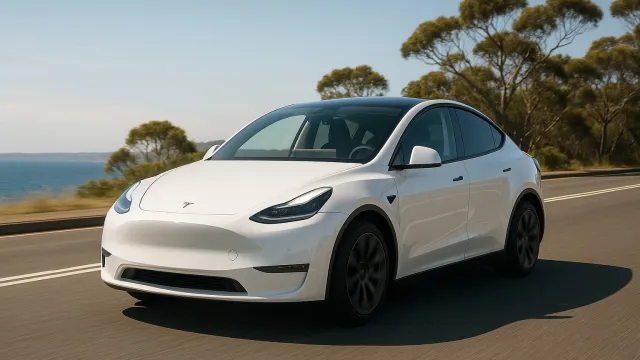 Tesla Model Y na australské pobřežní silnici — ilustrační obrázek