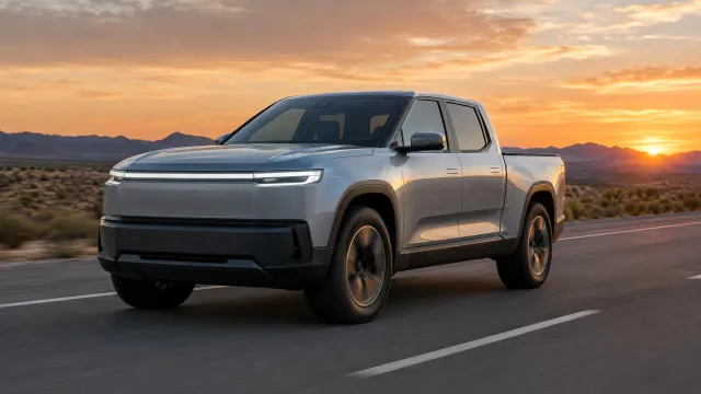 Moderní elektrický pickup na silnici při západu slunce ilustrující novou platformu