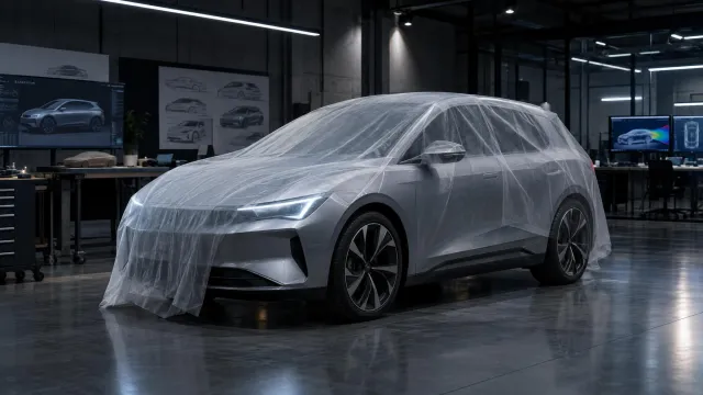 Elektrický hatchback v moderní tovární hale čekající na dokončení vývoje