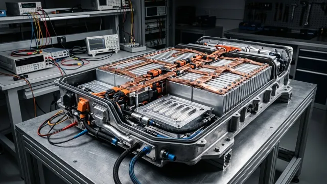 AI ilustrace: Vysokonapěťový bateriový modul elektromobilu s kapalinovým chlazením na zkušebním stavu