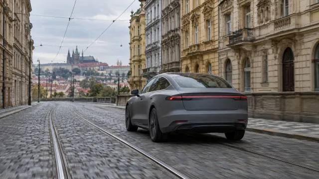 AI ilustrace: elektromobil na pražské ulici s tramvajovými kolejemi