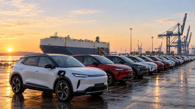 Řada nových kompaktních elektrických crossoverů v bílé a červené barvě na přístavním parkovišti při východu slunce