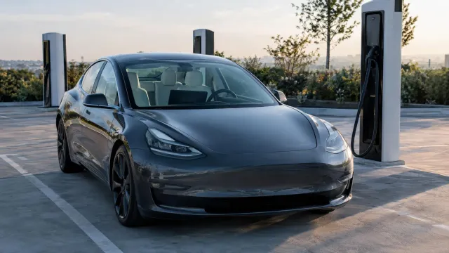 AI ilustrace: Elektromobil Tesla Model 3 zaparkovaný u nabíjecí stanice